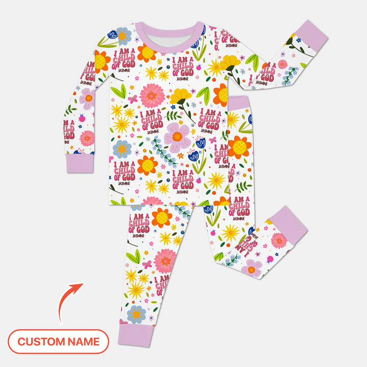 I Am A Child Of God Custom Name Girl  Two Piece Long Sleeve Pajama Set