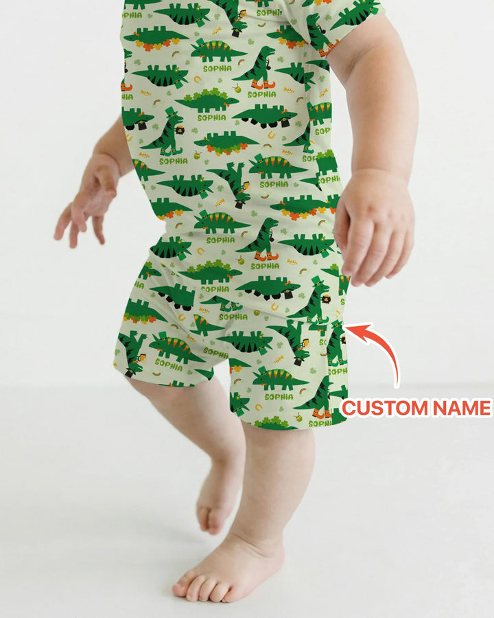 St. Patrick's Day Dinosaurs Custom Two Piece Short Sleeve Shorts Pajama Set