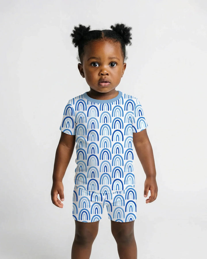 Sky Blue Rainbows Bamboo Two Piece Short Sleeve Shorts Pajama Set