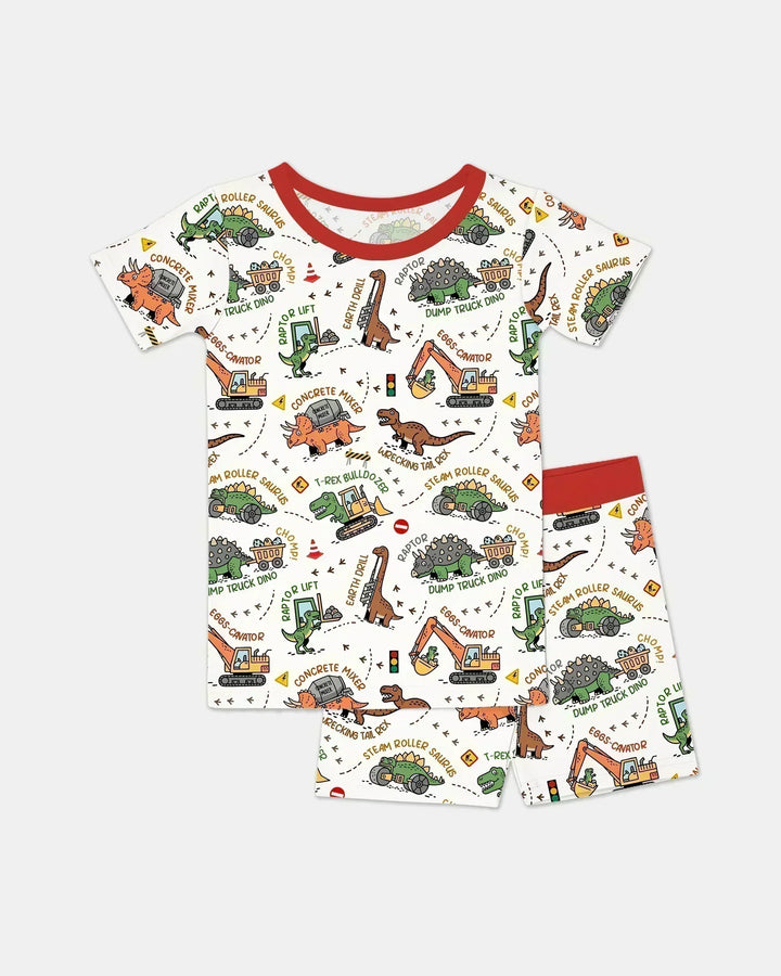 Conjunto de pijama de dos piezas de bambú con camión de construcción de dinosaurios, camiseta de manga corta y pantalón corto