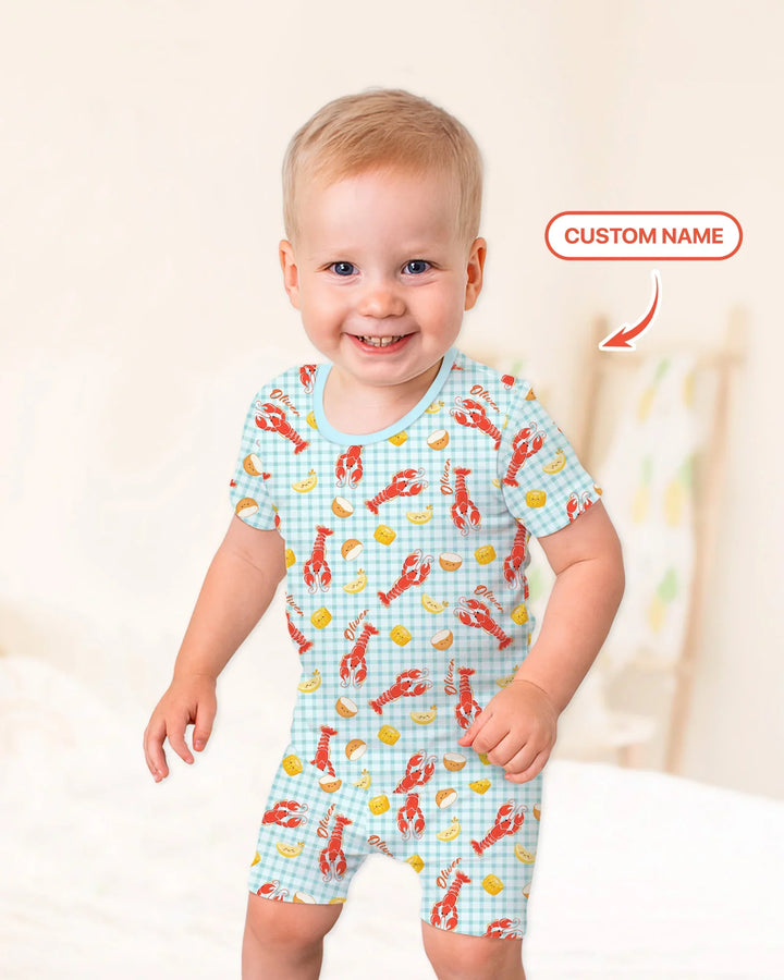 Pijama de dos piezas de bambú con nombre personalizado, diseño de cangrejo preppy, de manga corta y pantalones cortos
