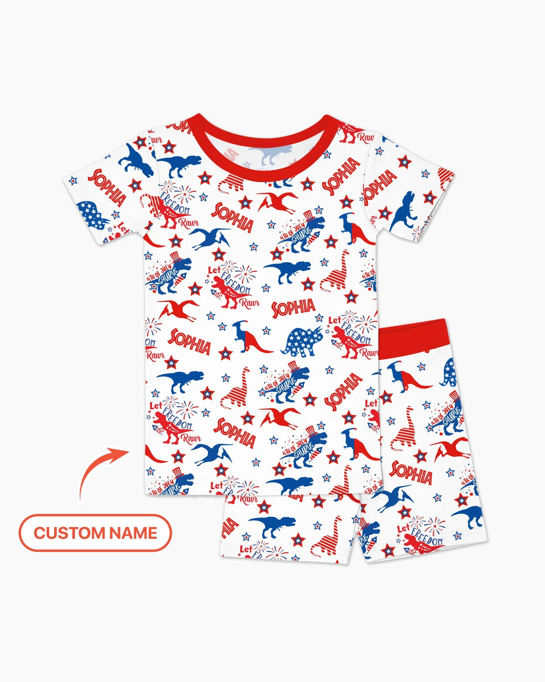 Custom Name Patriotic Dinosaur Bamboo Two Piece Short Sleeve Shorts Pajama Set