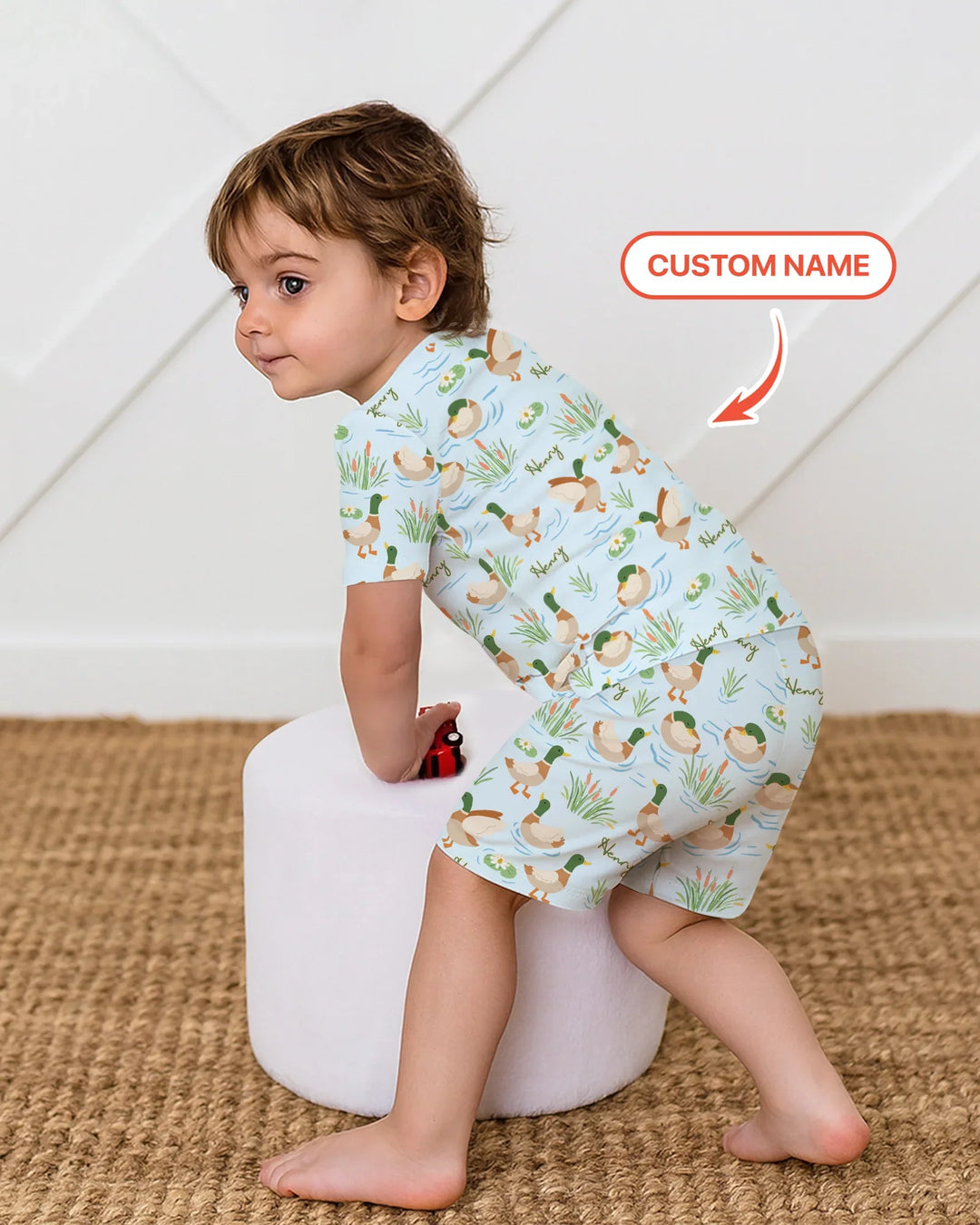 Conjunto de pijama de dos piezas de bambú de manga corta con pantalón corto y pato Mallard personalizado