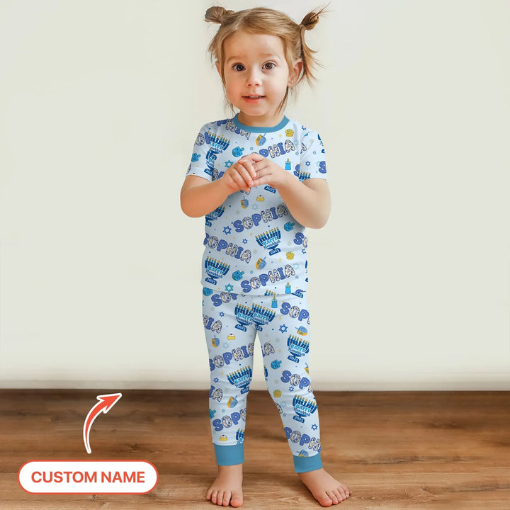 Custom name Happy Hanukkah 2025 Two Piece Short Sleeve Pajama Set