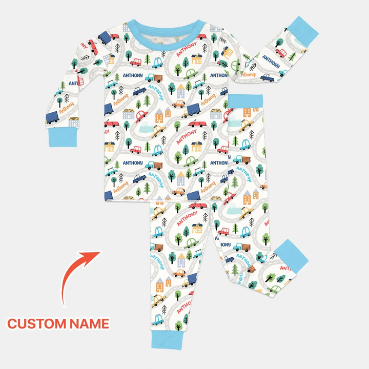 Custom Name Road Map Two Piece Long Sleeve Pajama Set