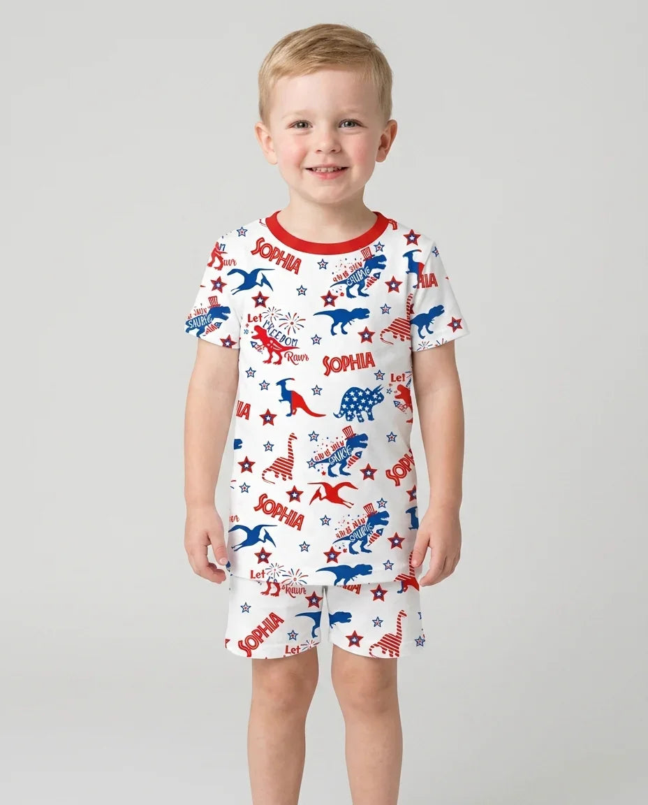 Custom Name Patriotic Dinosaur Bamboo Two Piece Short Sleeve Shorts Pajama Set