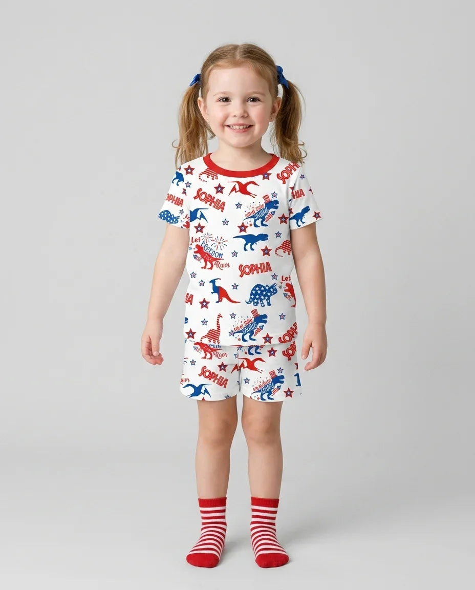 Custom Name Patriotic Dinosaur Bamboo Two Piece Short Sleeve Shorts Pajama Set