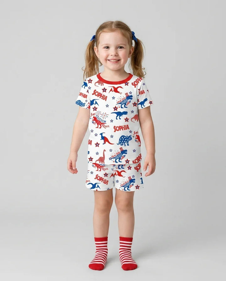 Custom Name Patriotic Dinosaur Bamboo Two Piece Short Sleeve Shorts Pajama Set