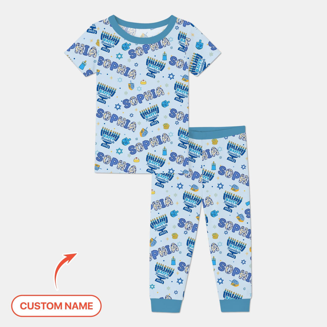 Custom name Happy Hanukkah 2025 Two Piece Short Sleeve Pajama Set