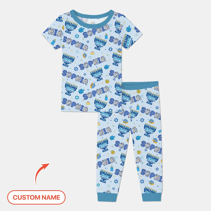 Custom name Happy Hanukkah 2025 Two Piece Short Sleeve Pajama Set