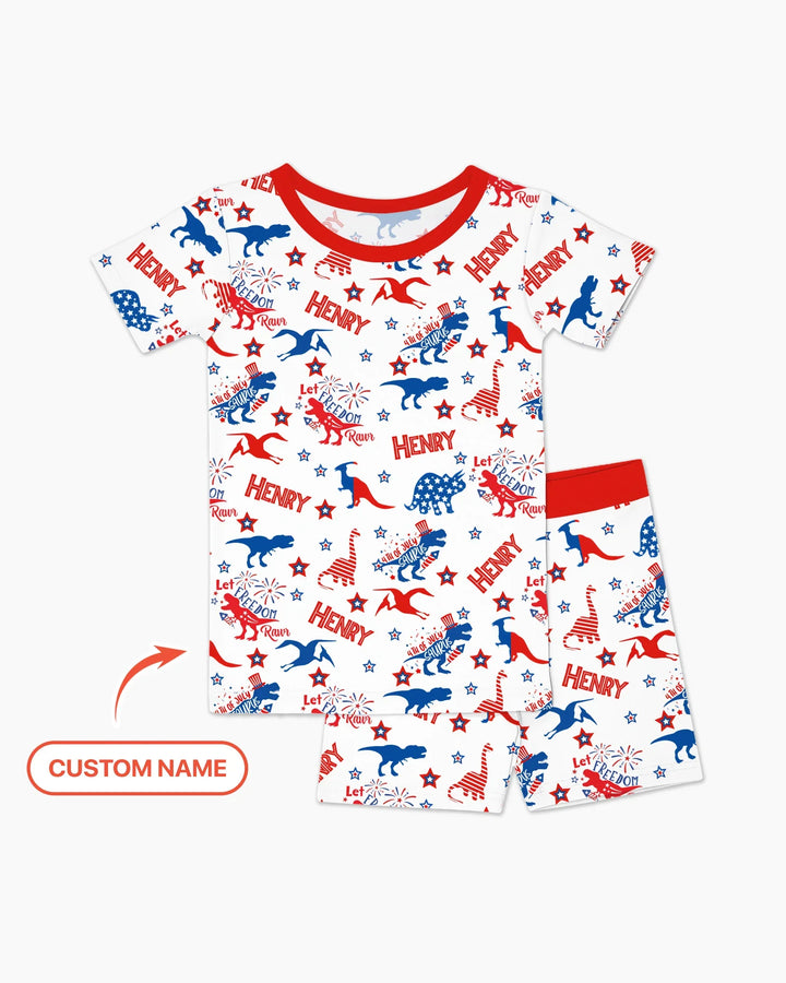 Custom Name Patriotic Dinosaur Bamboo Two Piece Short Sleeve Shorts Pajama Set