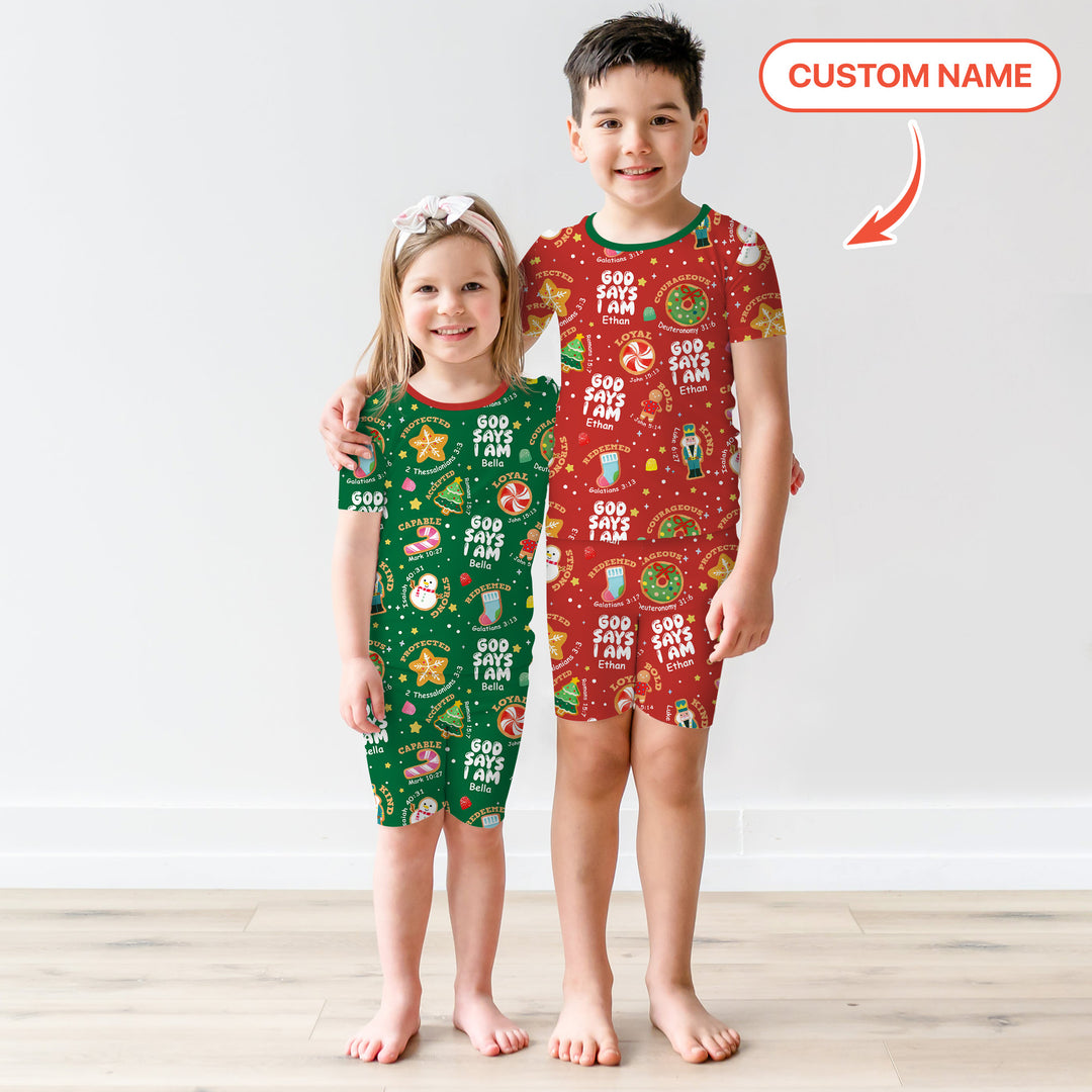 Merry Christmas God Says I Am Custom Name Two Piece Short Sleeve Shorts Pajama Set