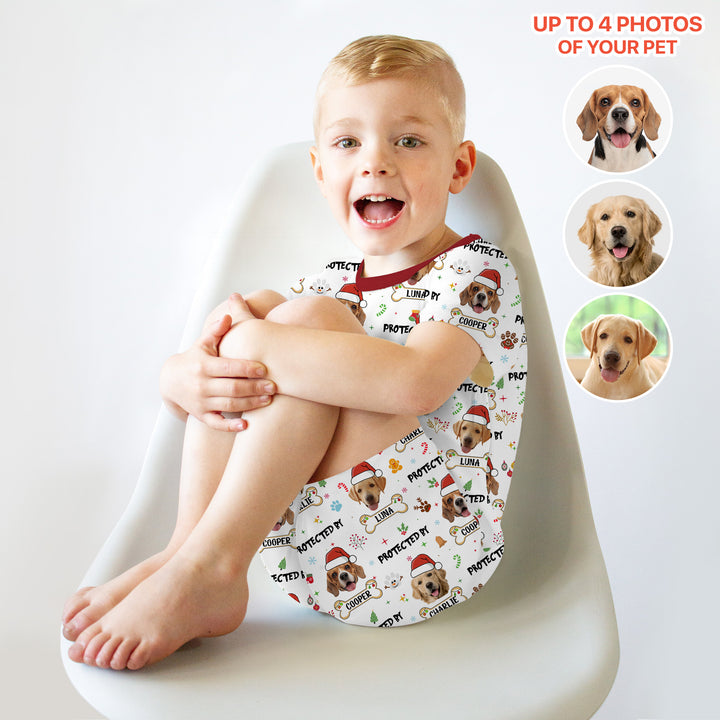 Custom Dog Photo "Protected By" Christmas Two Piece Short Sleeve Shorts Pajama Set