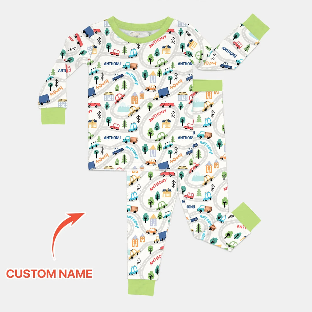 Custom Name Road Map Two Piece Long Sleeve Pajama Set