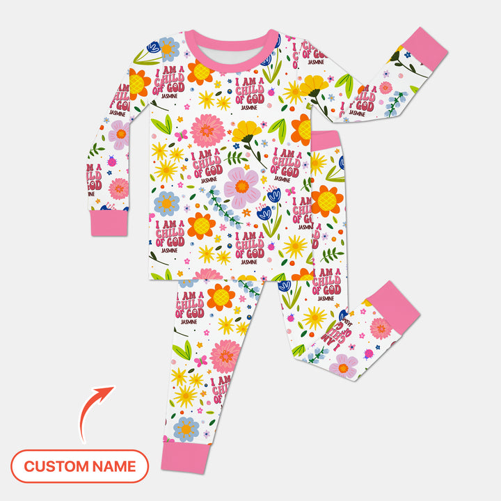 I Am A Child Of God Custom Name Girl  Two Piece Long Sleeve Pajama Set