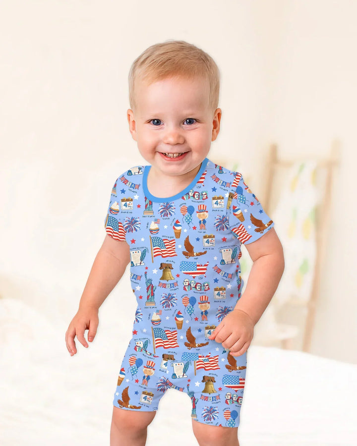 Conjunto de pijama de dos piezas de bambú, pantalón corto y manga corta, con diseño patriótico dibujado a mano