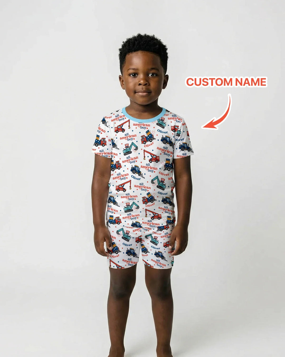 Nombre Personalizado Niño Americano Pijama de Dos Piezas de Bambú de Manga Corta y Pantalón Corto