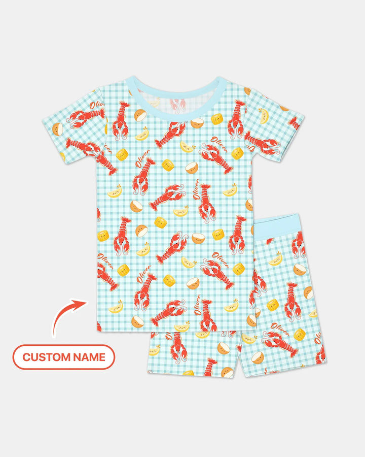 Pijama de dos piezas de bambú con nombre personalizado, diseño de cangrejo preppy, de manga corta y pantalones cortos