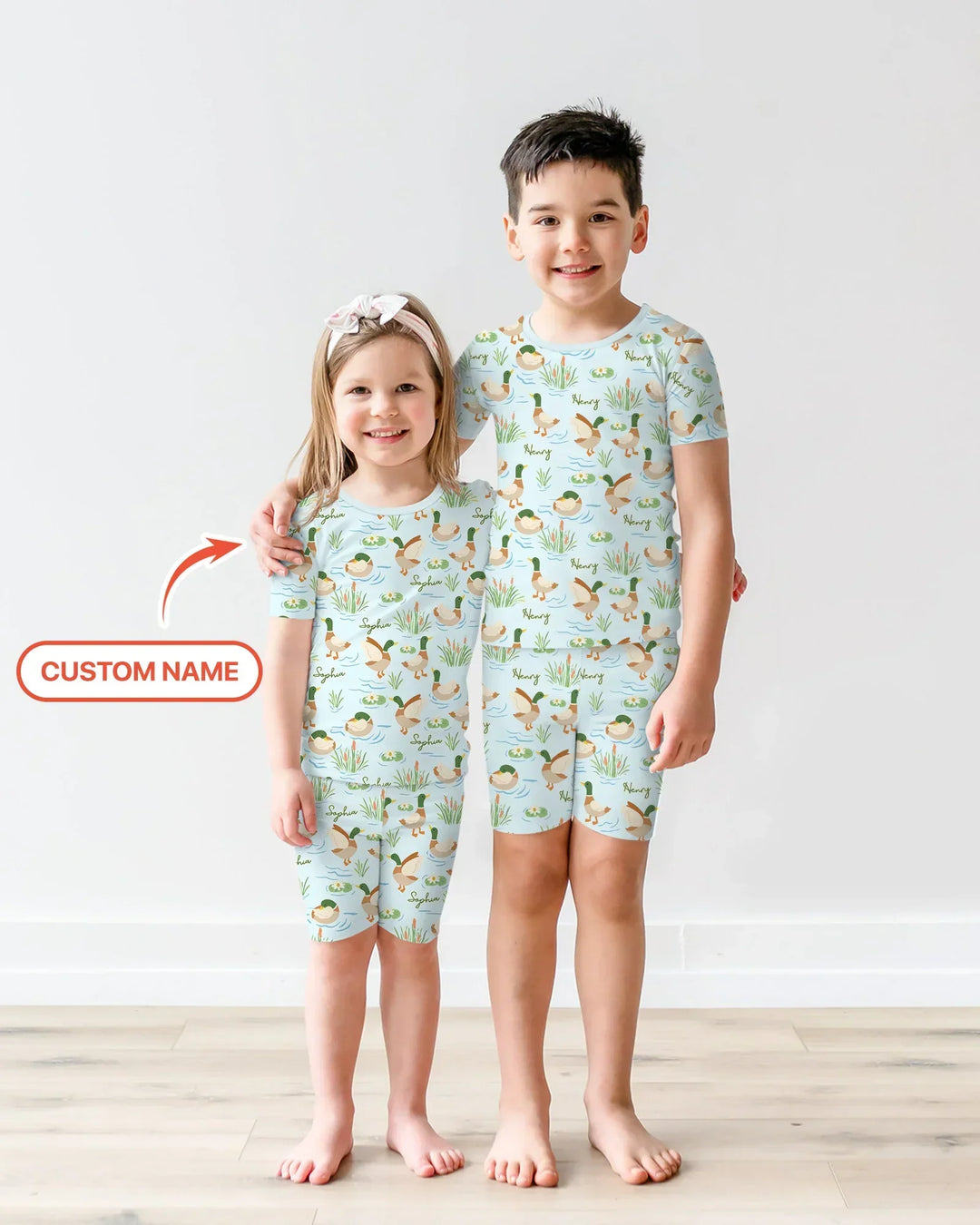 Conjunto de pijama de dos piezas de bambú de manga corta con pantalón corto y pato Mallard personalizado
