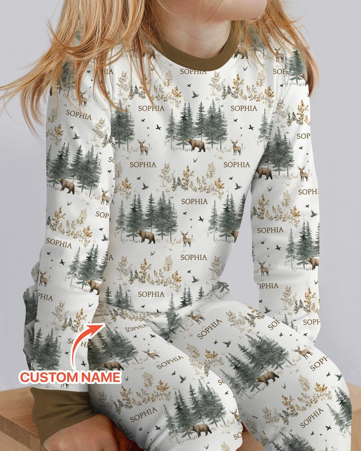 Custom Name Forest Bear Deer Bamboo Two Piece Long Sleeve Pajama Set