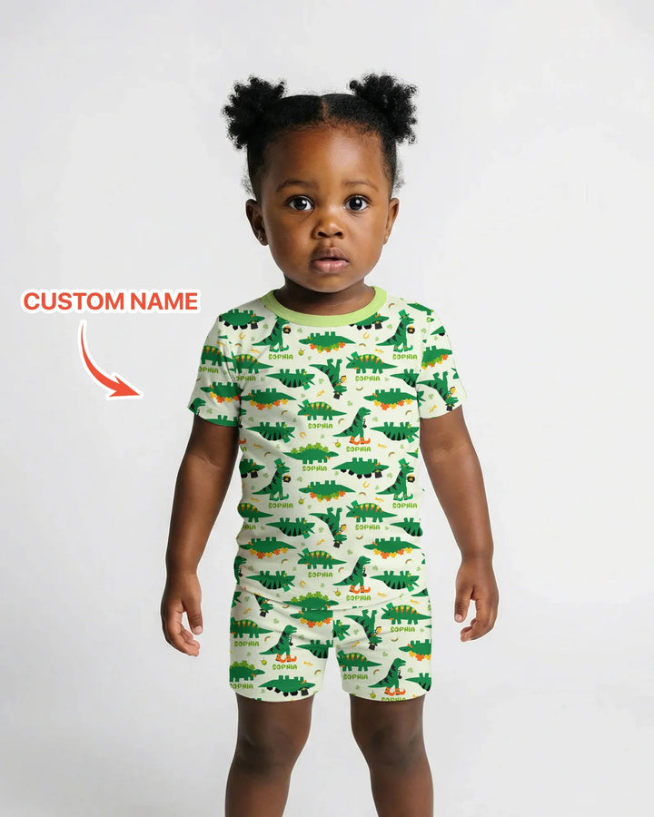 St. Patrick's Day Dinosaurs Custom Two Piece Short Sleeve Shorts Pajama Set