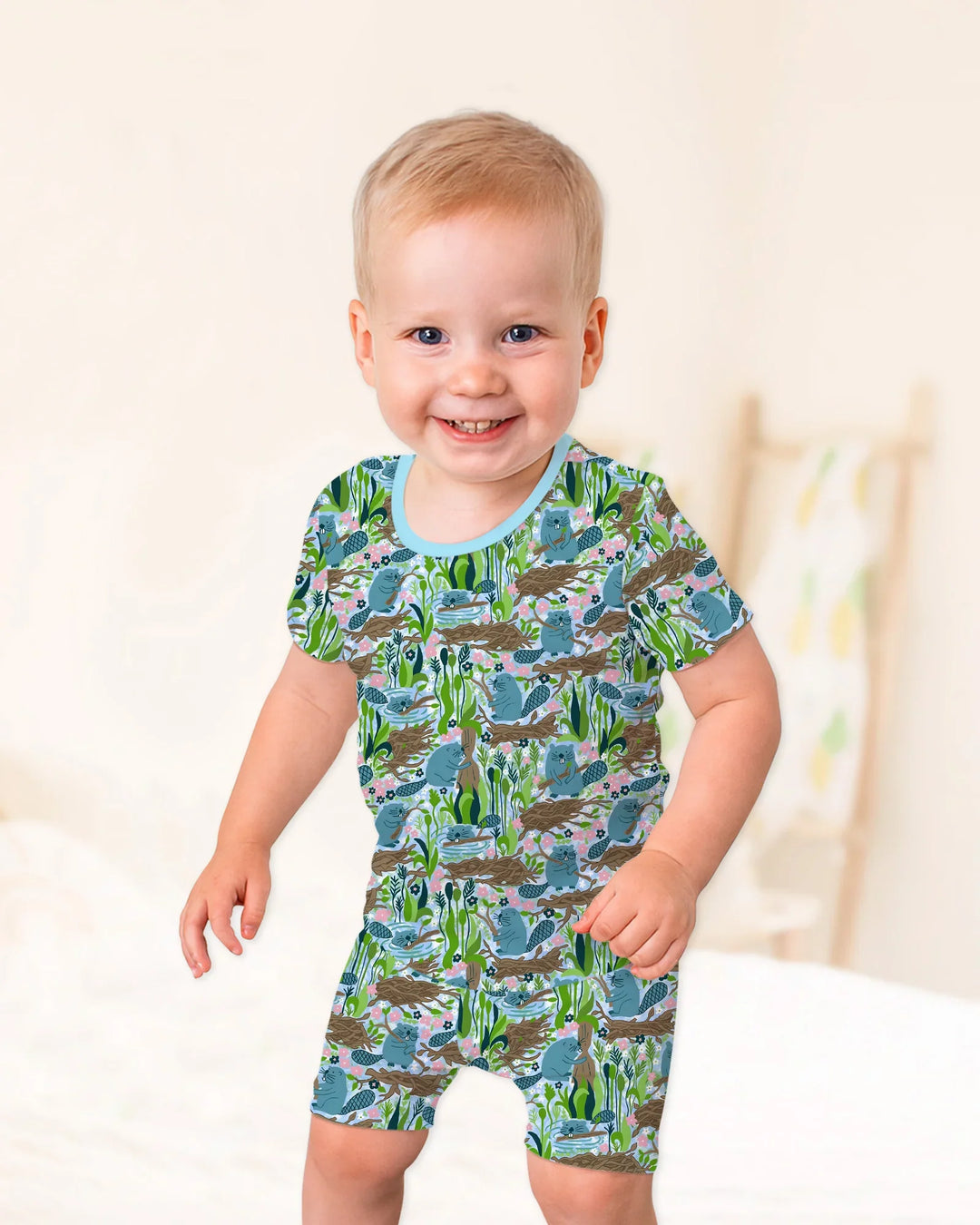 Little Dam Builders Bamboo Two Piece Short Sleeve Shorts Pajama Set