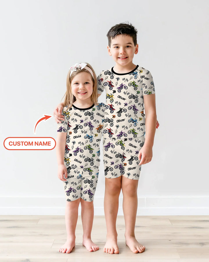 Custom Name Little Dirt Bike Rider Bamboo Two Piece Short Sleeve Shorts Pajama Set
