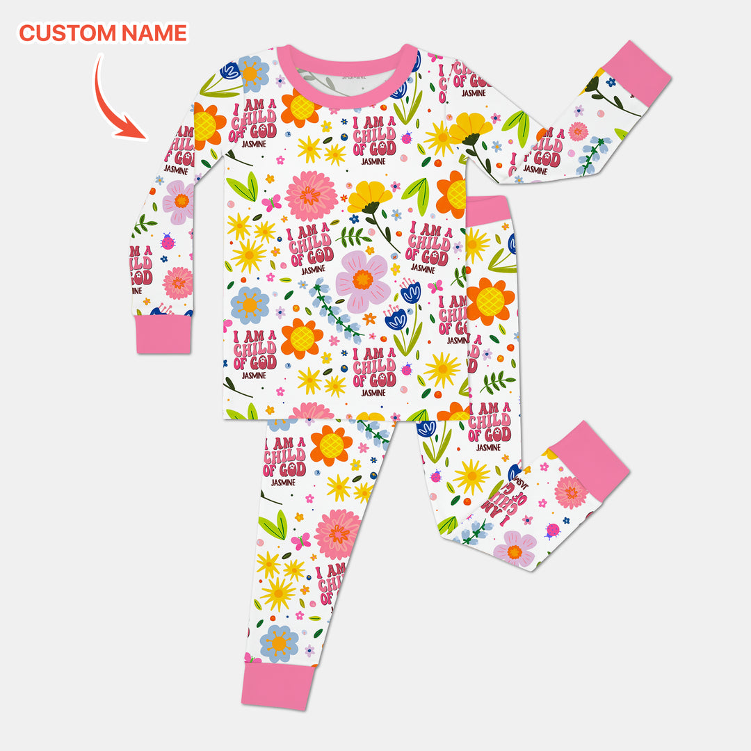 I Am A Child Of God Custom Name Girl  Two Piece Long Sleeve Pajama Set