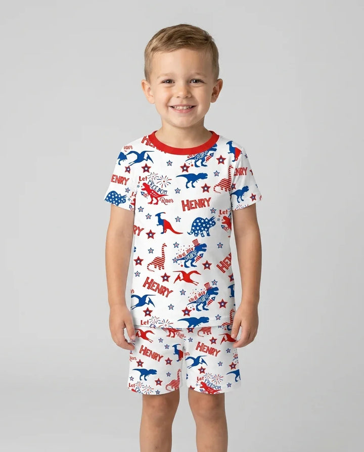 Custom Name Patriotic Dinosaur Bamboo Two Piece Short Sleeve Shorts Pajama Set