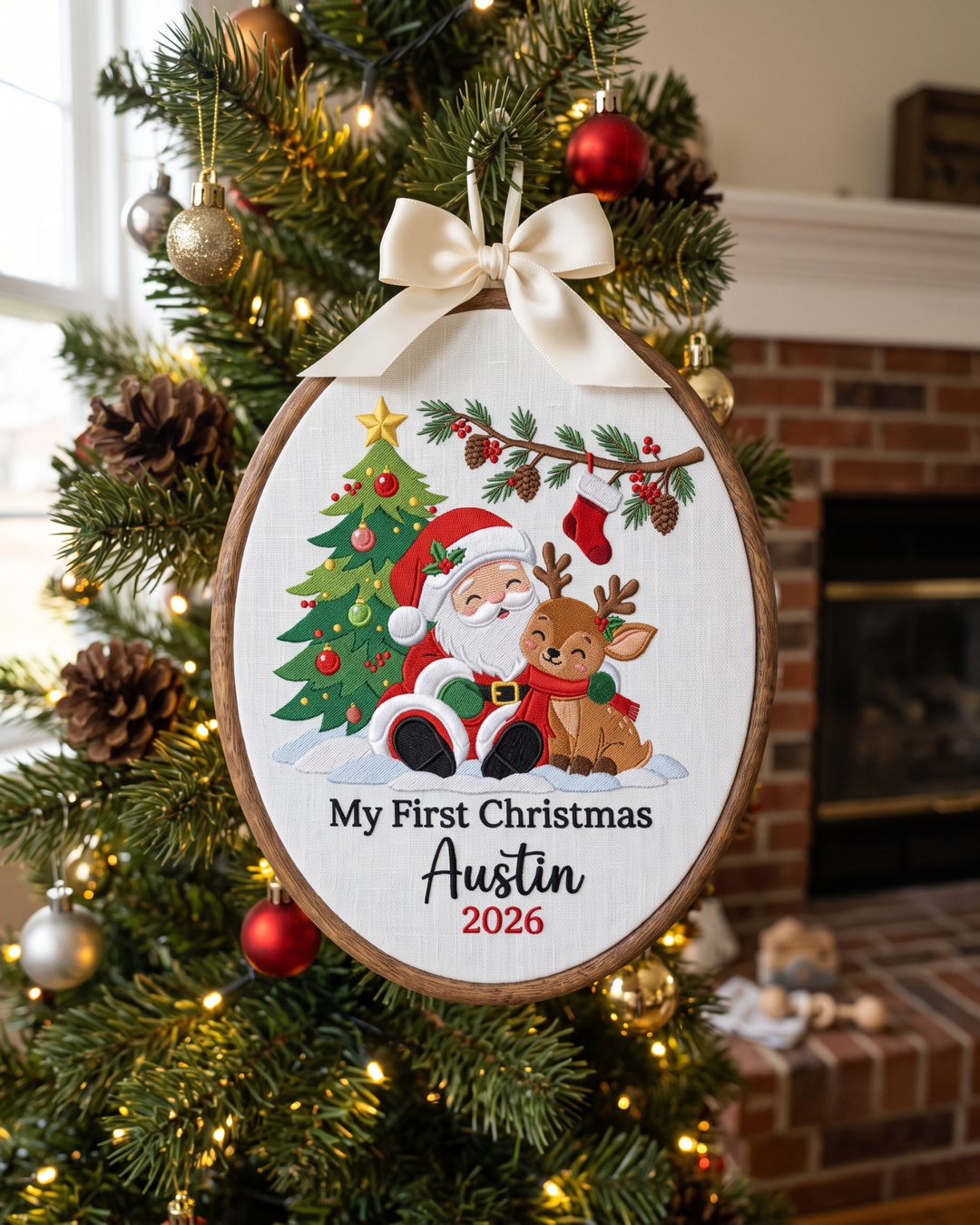 Santa & Reindeer First Christmas Embroidered Custom Hoop