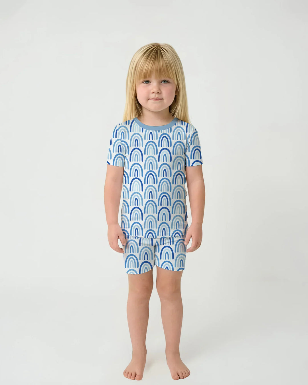 Sky Blue Rainbows Bamboo Two Piece Short Sleeve Shorts Pajama Set