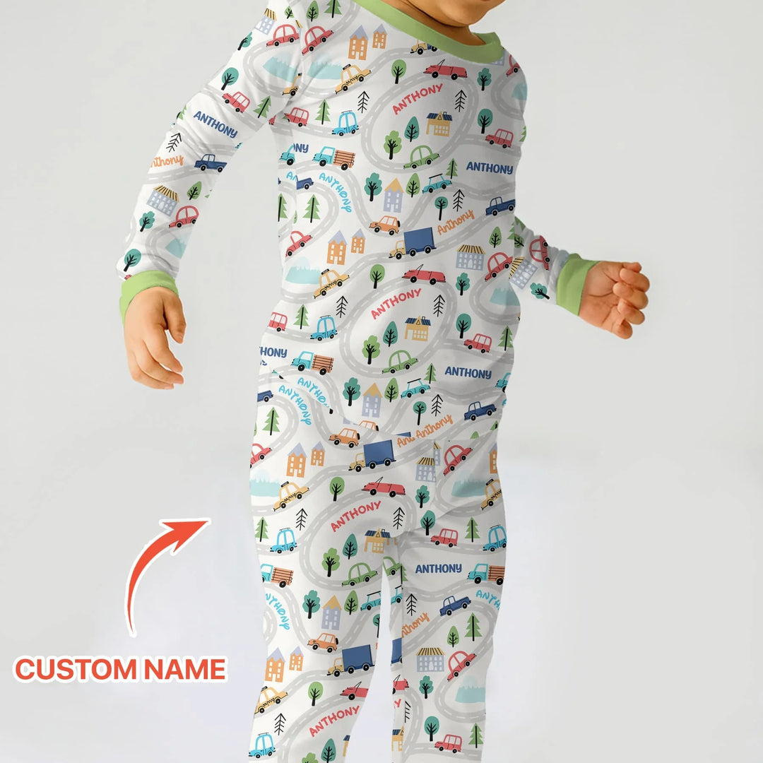 Custom Name Road Map Two Piece Long Sleeve Pajama Set