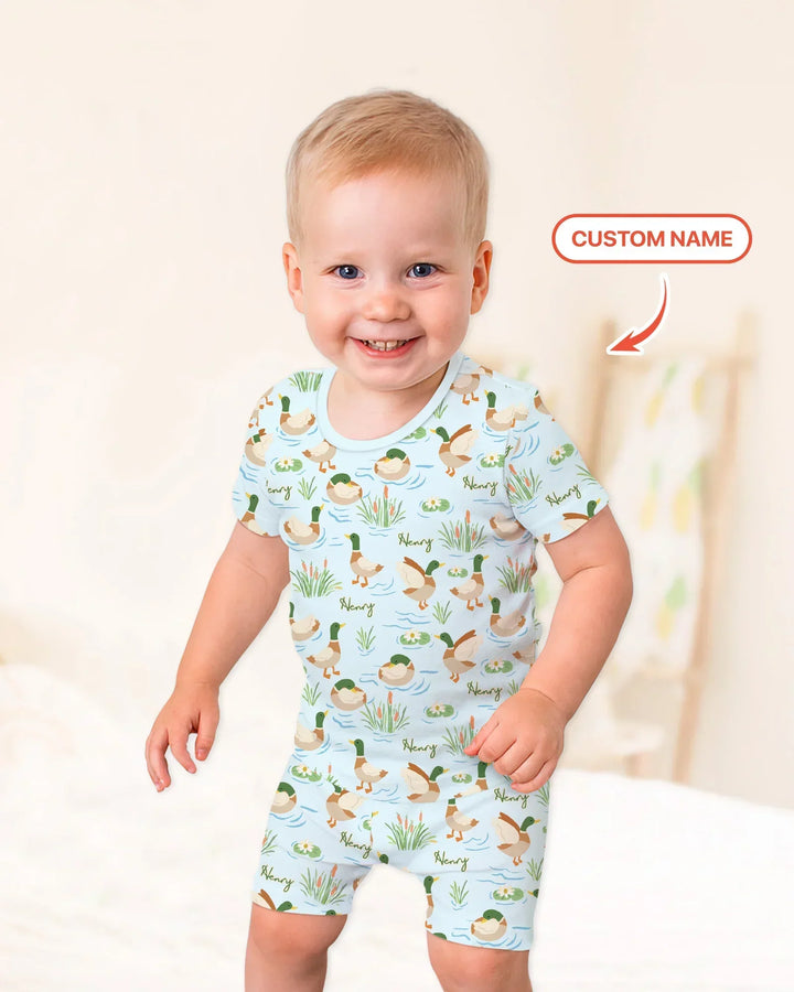Conjunto de pijama de dos piezas de bambú de manga corta con pantalón corto y pato Mallard personalizado