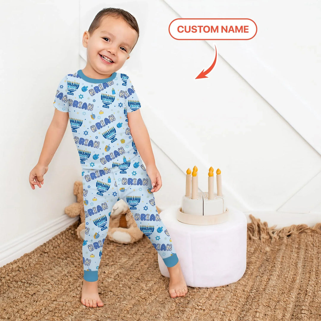 Custom name Happy Hanukkah 2025 Two Piece Short Sleeve Pajama Set