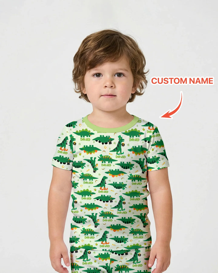 St. Patrick's Day Dinosaurs Custom Two Piece Short Sleeve Shorts Pajama Set