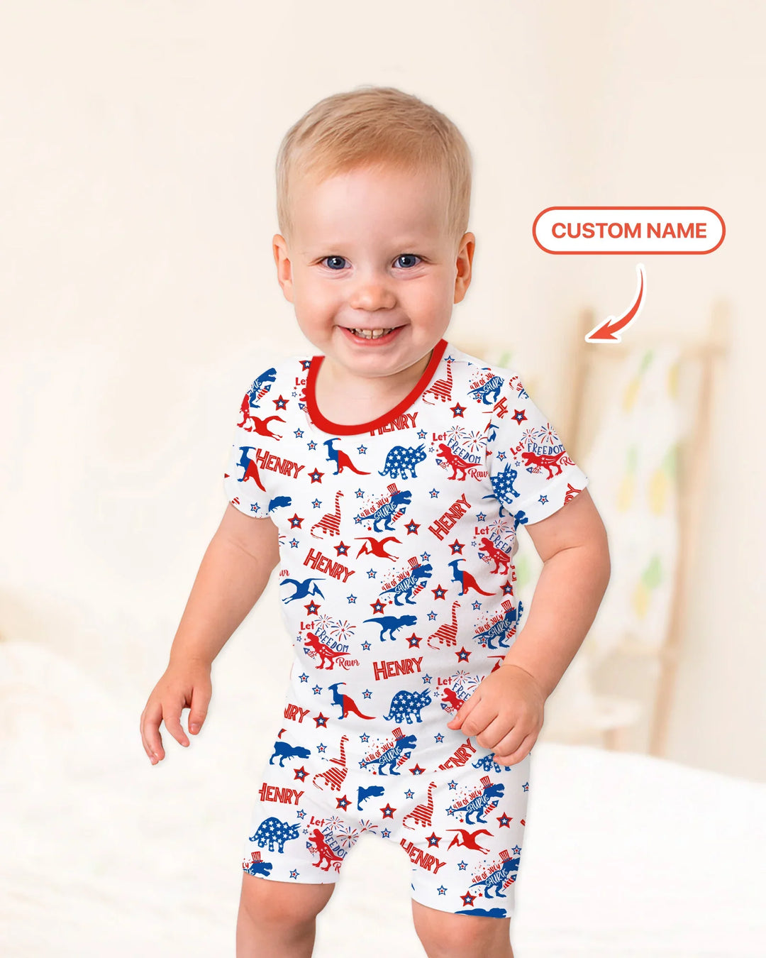 Custom Name Patriotic Dinosaur Bamboo Two Piece Short Sleeve Shorts Pajama Set