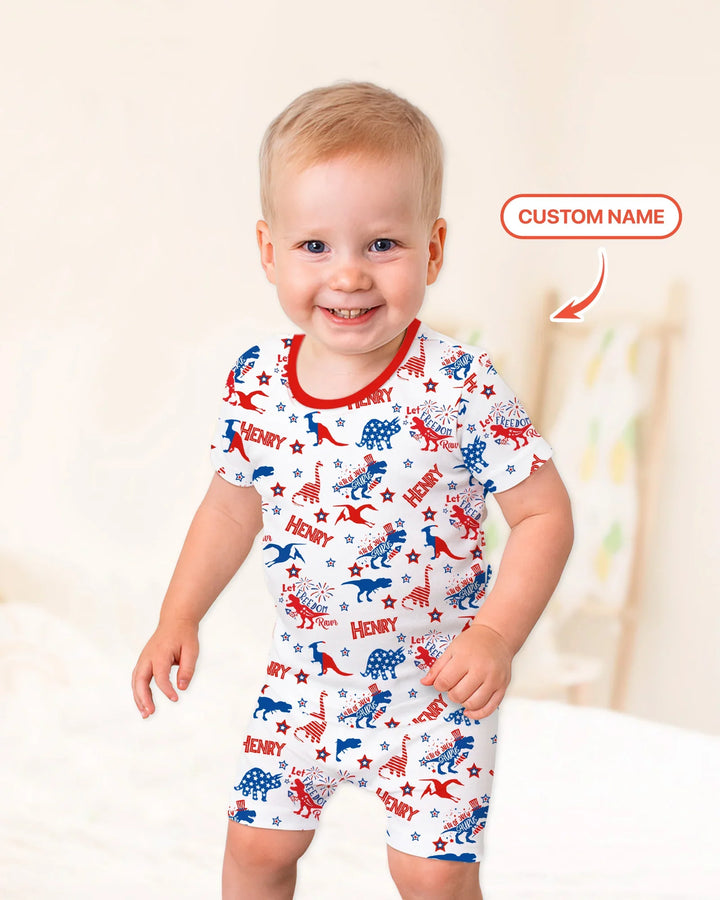 Custom Name Patriotic Dinosaur Bamboo Two Piece Short Sleeve Shorts Pajama Set