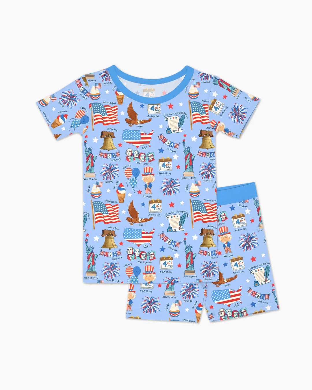 Conjunto de pijama de dos piezas de bambú, pantalón corto y manga corta, con diseño patriótico dibujado a mano