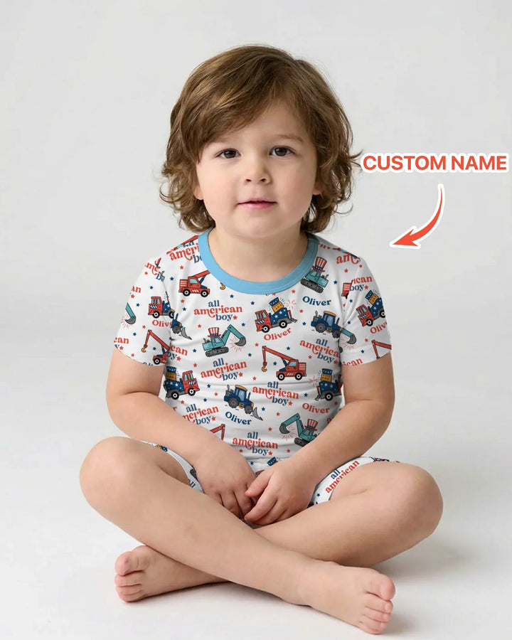Nombre Personalizado Niño Americano Pijama de Dos Piezas de Bambú de Manga Corta y Pantalón Corto