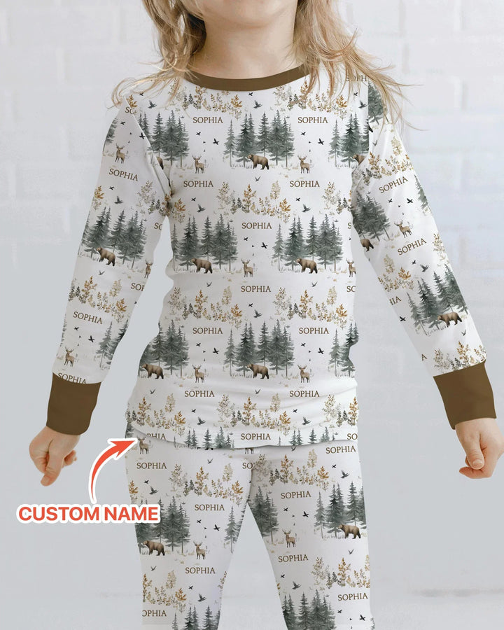 Custom Name Forest Bear Deer Bamboo Two Piece Long Sleeve Pajama Set