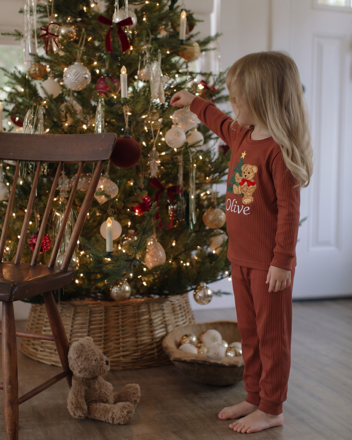 Christmas Teddy Embroidered Ribbed Bamboo Two Piece Long Sleeve Pajama Set