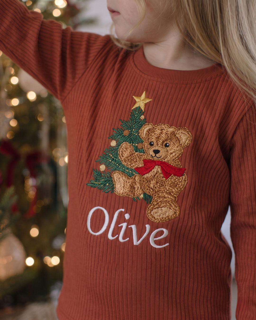 Christmas Teddy Embroidered Ribbed Bamboo Two Piece Long Sleeve Pajama Set