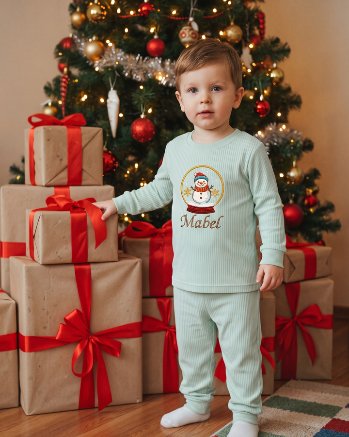 Snowmen Embroidered Ribbed Bamboo Two Piece Long Sleeve Pajama Set