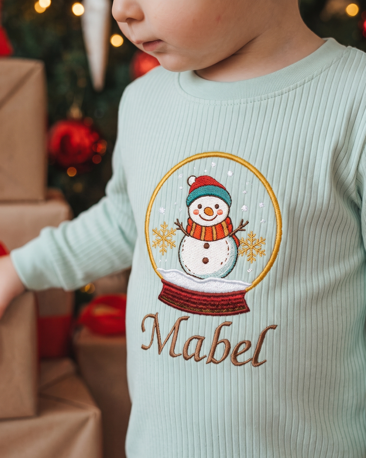 Snowmen Embroidered Ribbed Bamboo Two Piece Long Sleeve Pajama Set