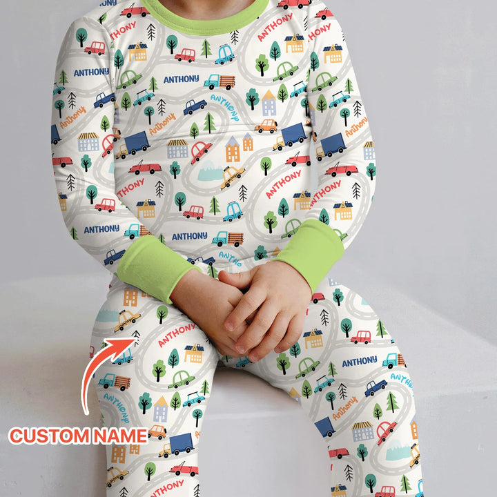 Custom Name Road Map Two Piece Long Sleeve Pajama Set