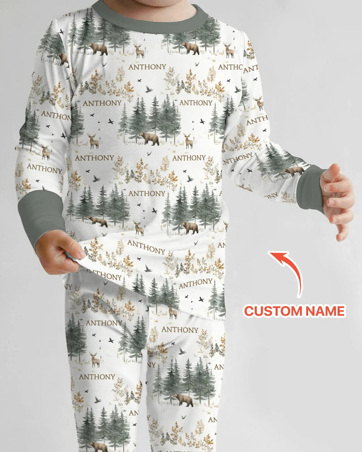 Custom Name Forest Bear Deer Bamboo Two Piece Long Sleeve Pajama Set