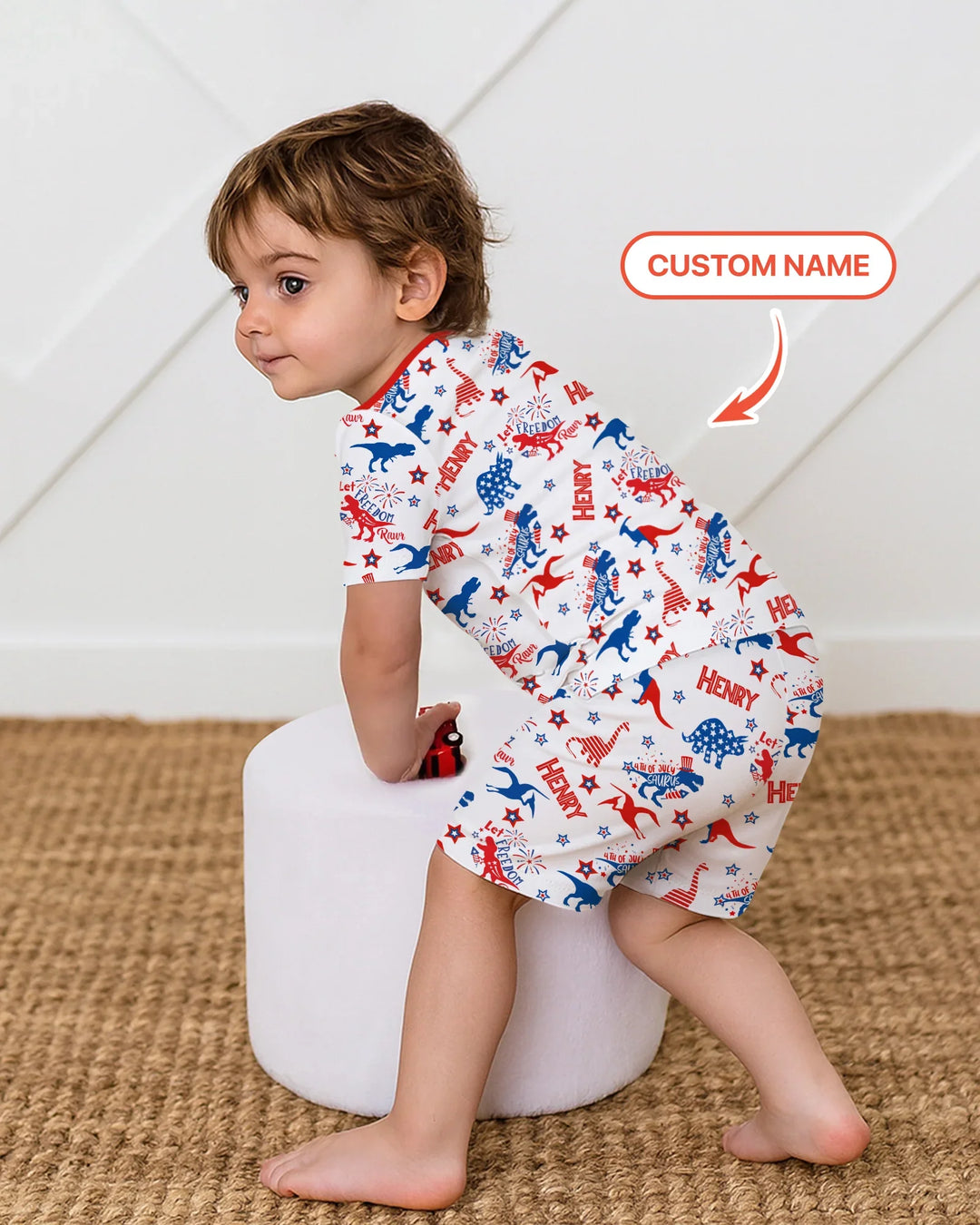 Custom Name Patriotic Dinosaur Bamboo Two Piece Short Sleeve Shorts Pajama Set