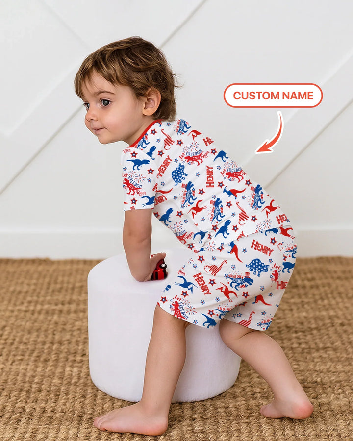 Custom Name Patriotic Dinosaur Bamboo Two Piece Short Sleeve Shorts Pajama Set