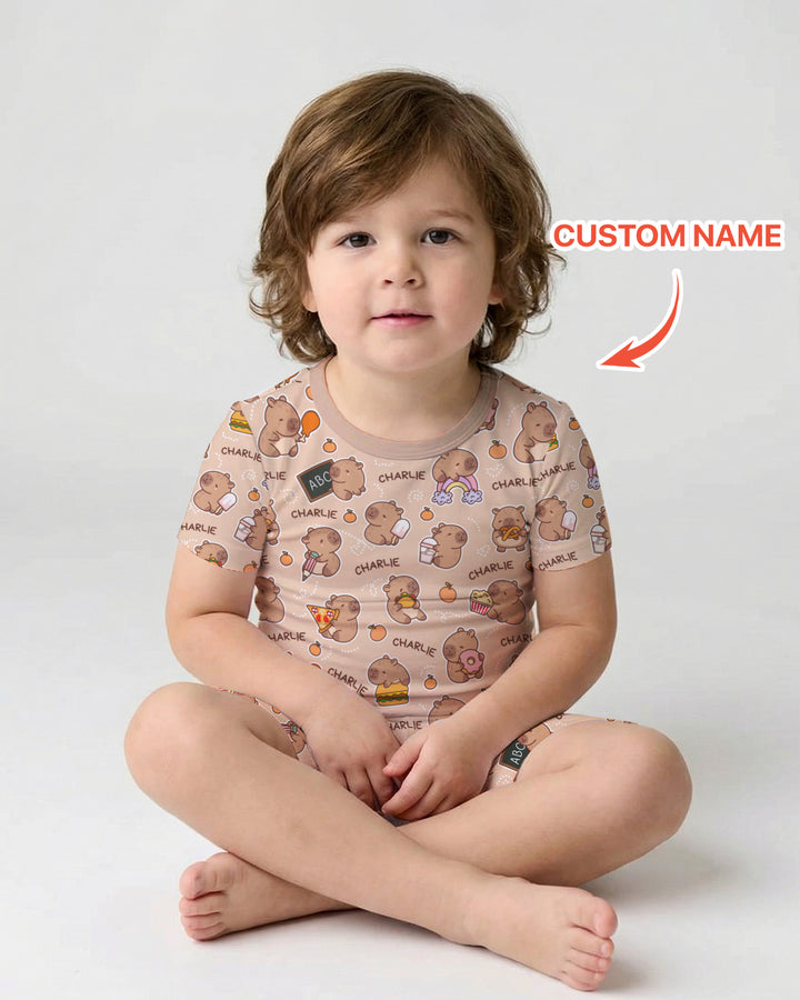 Custom Name Cute Capybara Two Piece Short Sleeve Shorts Pajama Set