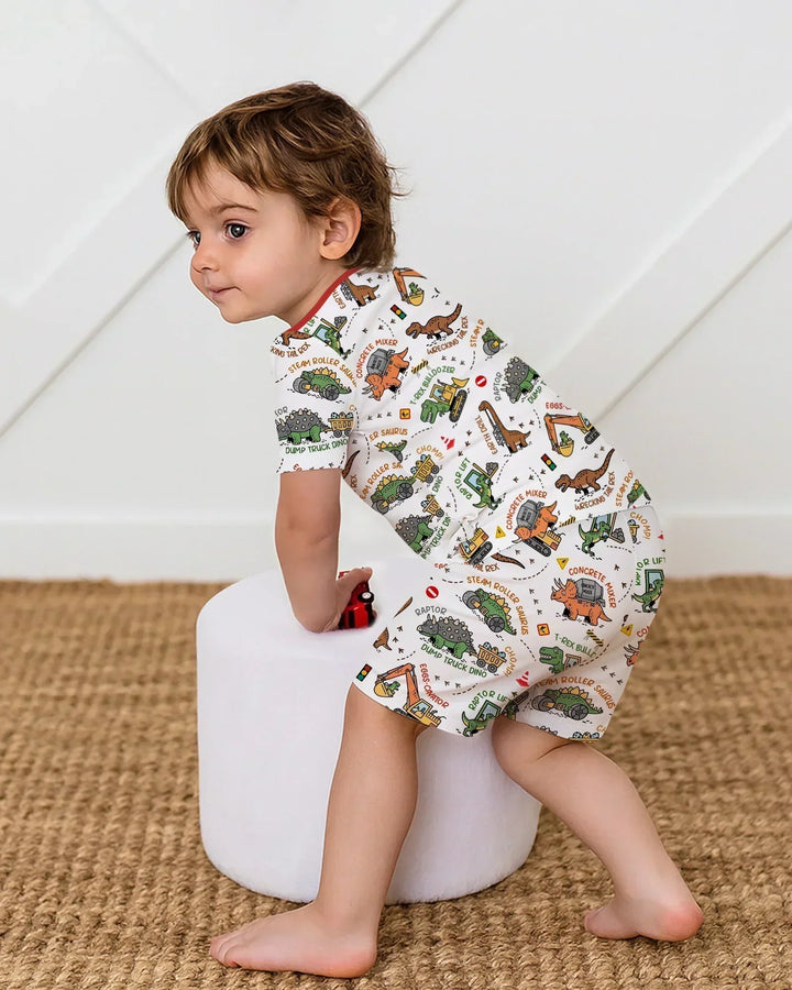Conjunto de pijama de dos piezas de bambú con camión de construcción de dinosaurios, camiseta de manga corta y pantalón corto